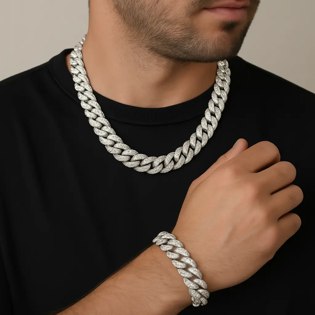 Iced Out Cuban Set – 14mm Silver Chain + Bracelet - Ace Fashion