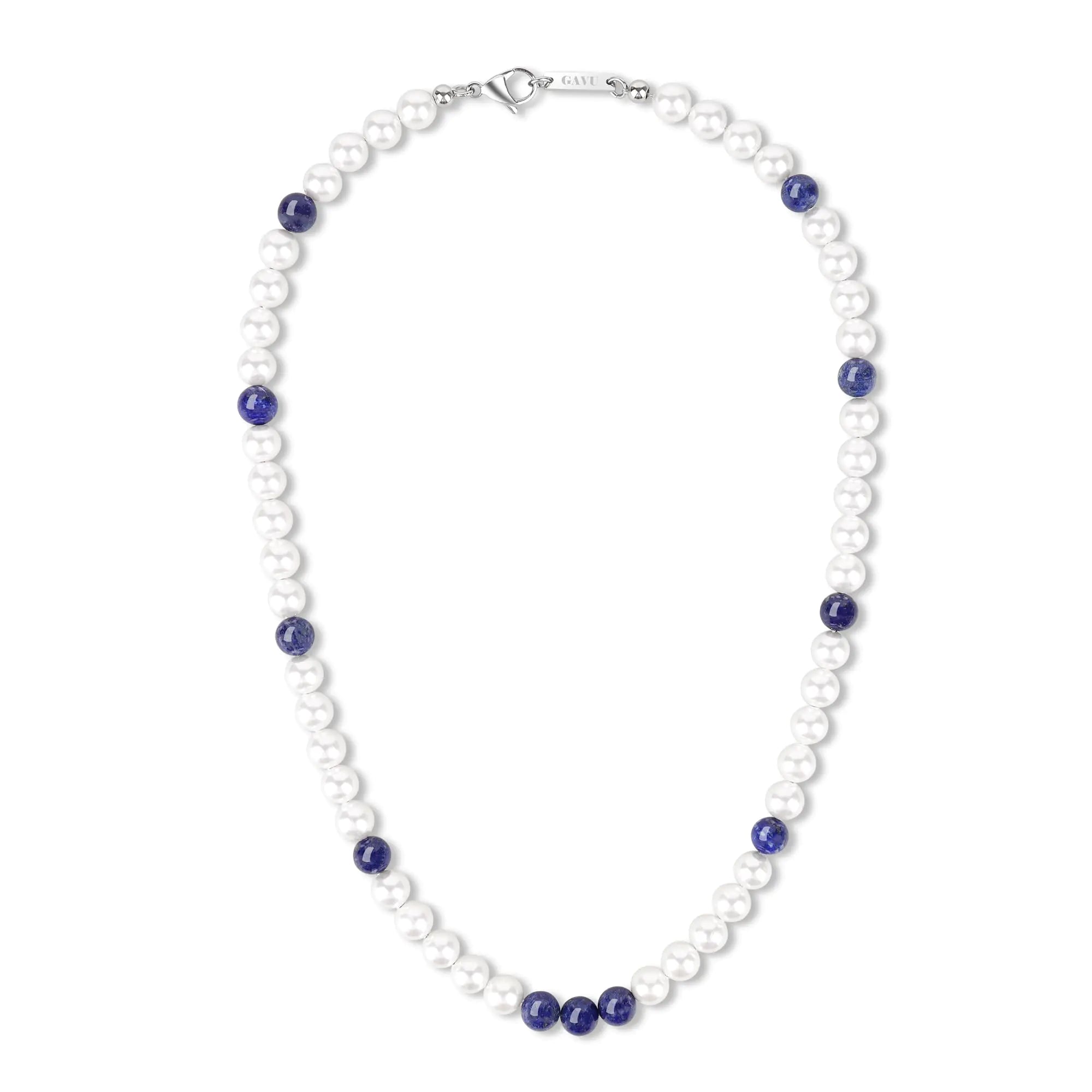 Lustrous Pearl & Lapis Men's Necklace 20"