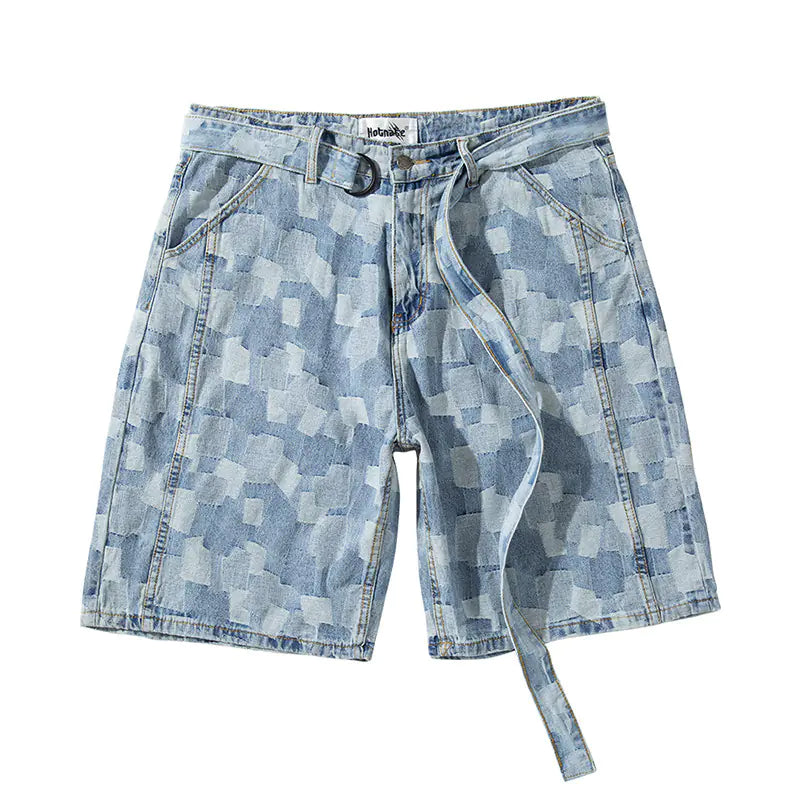 Washed Blue Plaid Loose Denim Shorts