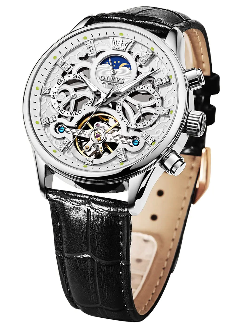 OLEVS Men's Automatic Leather Moon Phase Watch