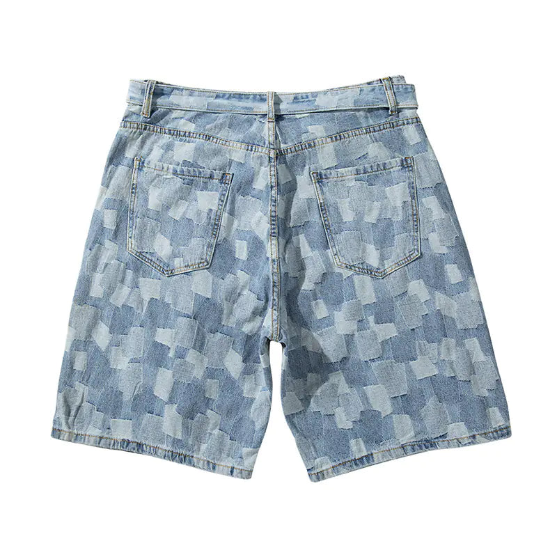 Washed Blue Plaid Loose Denim Shorts
