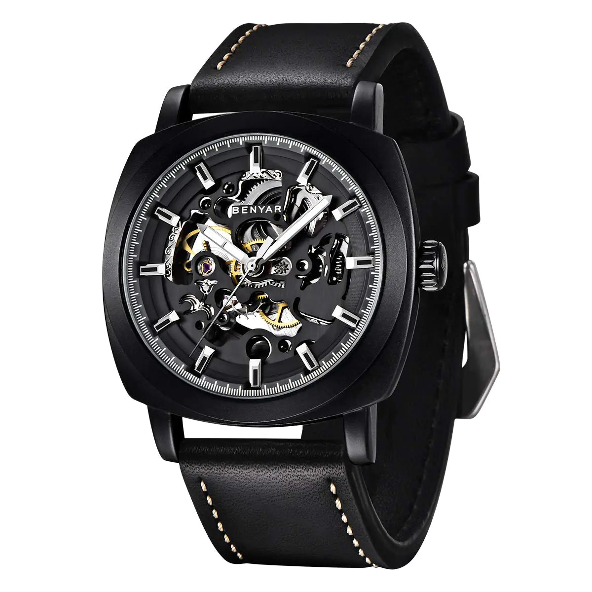 Benyar Men's Elegant Automatic Watch | Leather Strap | 45mm Skeleton Dial
